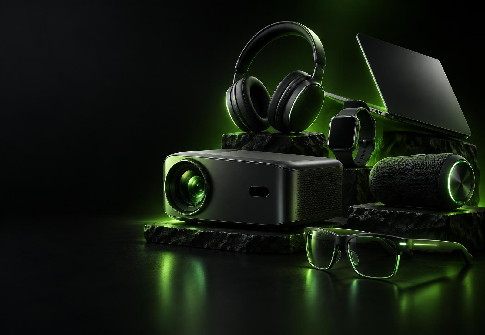 Projector, headphones, smart watch, speaker, laptop and smart glasses arranged on dark stone with green lighting
